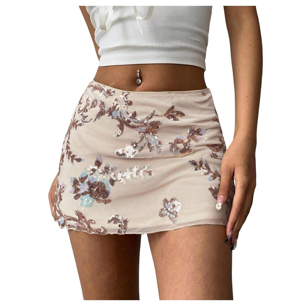 3308 Sequin Skirt Summer Floral Mesh Glitter Sparkly Mini Skirt Apricot - Picture 1 of 6